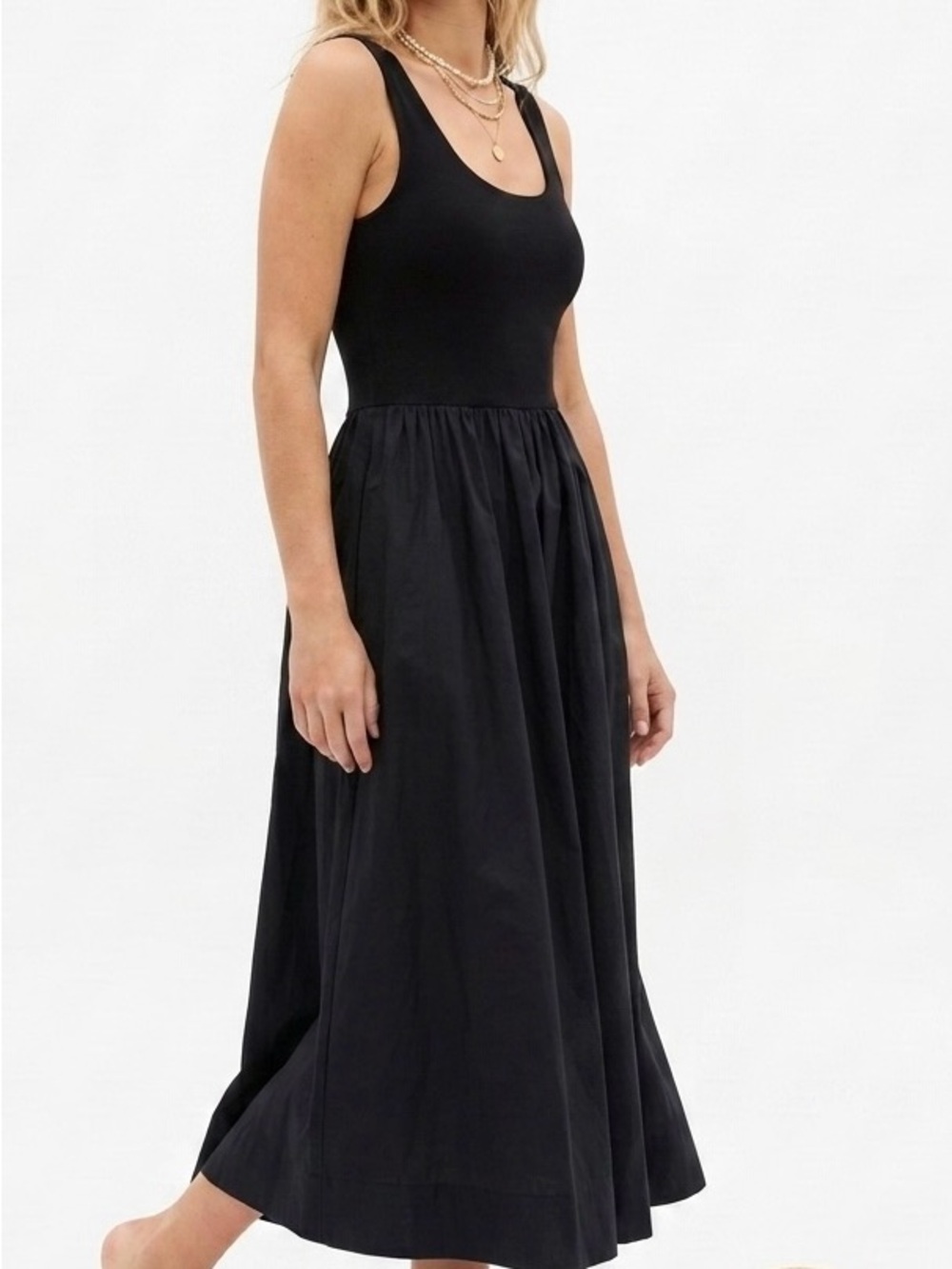 Everlane Riviera Knit Cotton Poplin Mixed Media Fit & Flare Midi Dress Black XXS